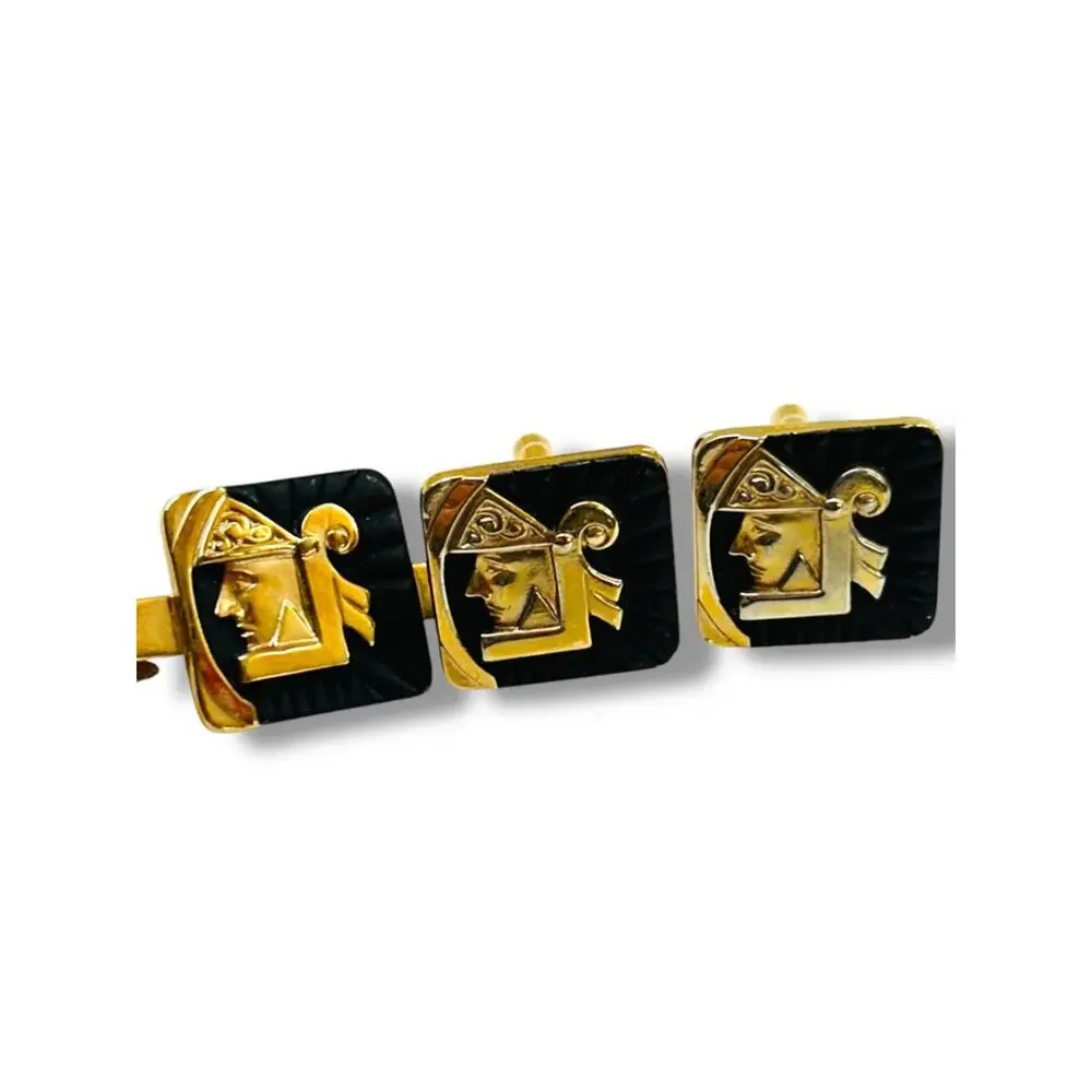Vintage Set of Cufflinks and Tie Bar Clip Goldtone Black Enameled